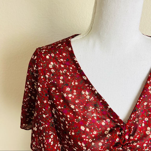 NWOT Red Floral Cinched Tie Blouse - Picture 12 of 12